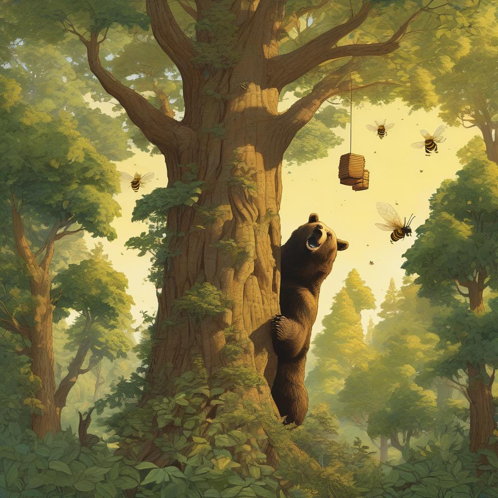 A bear climbing to a hive on a tree